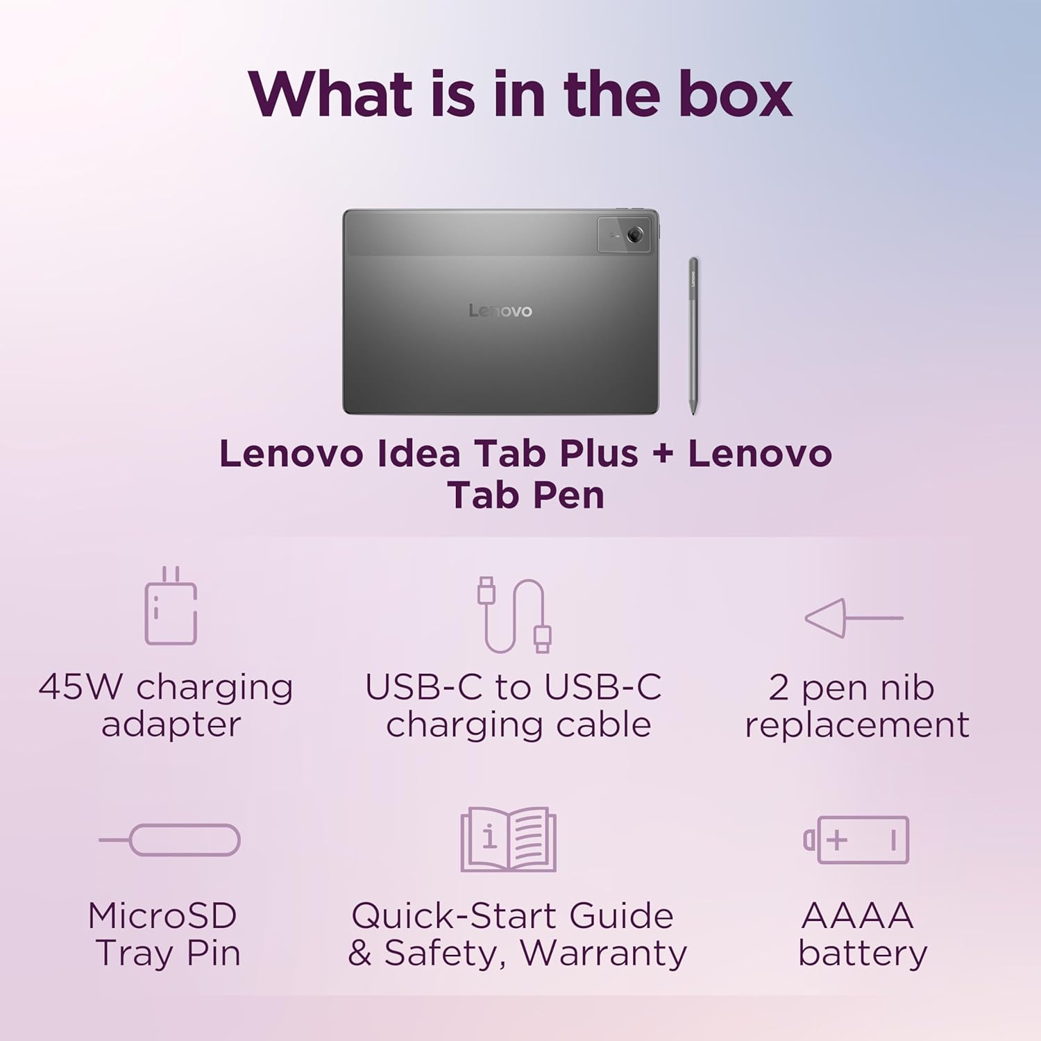 Product list of Lenovo Idea Tab Plus and Lenovo Tab Pen with accessories on a gradient purple background.