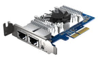 Network interface card with two Ethernet ports and a heatsink on a white background