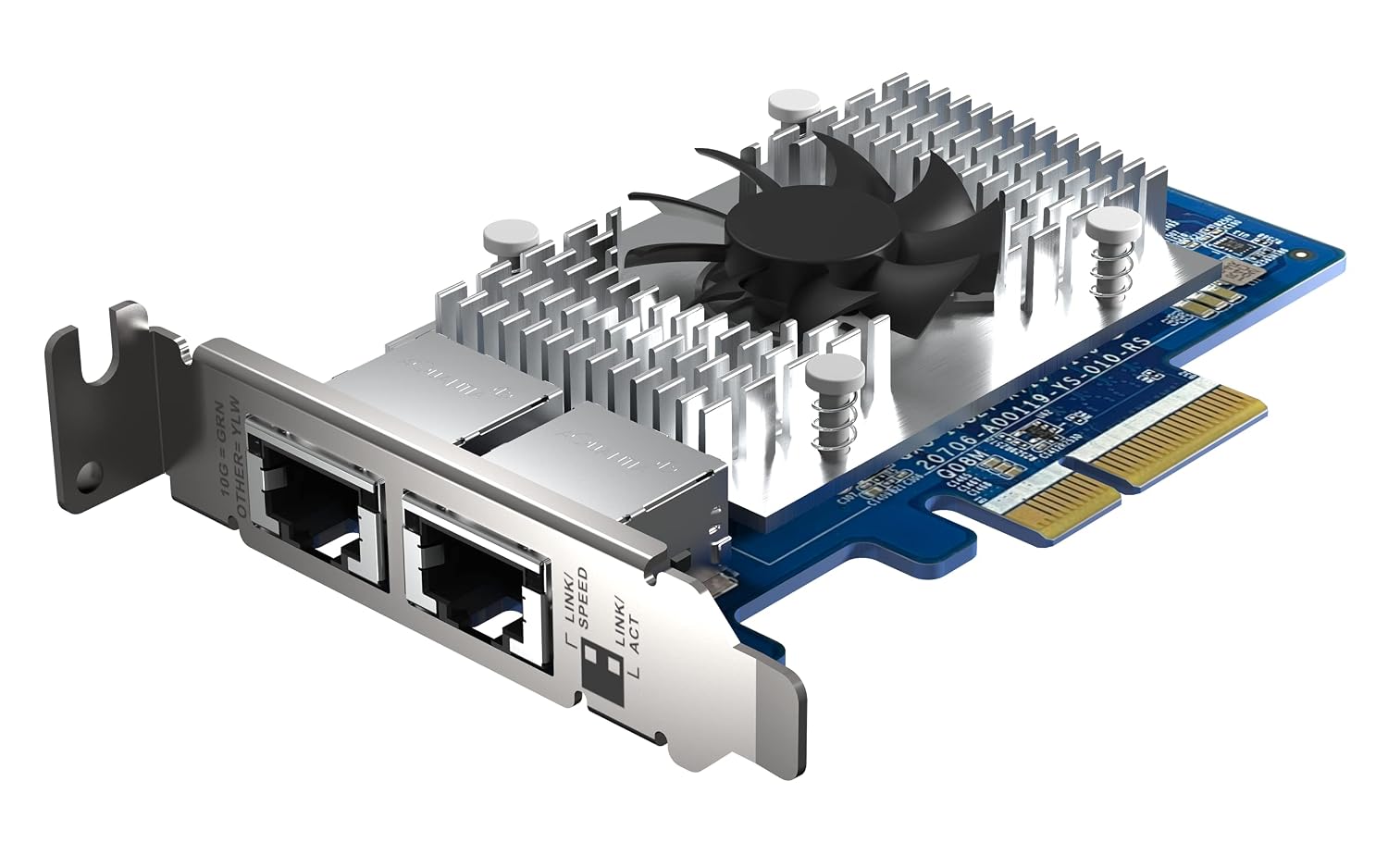 Network interface card with two Ethernet ports and a heatsink on a white background