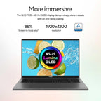ASUS Lumina OLED laptop shown open on a clean light background with marketing text above, including 'More immersive', '86% Screen-to-body ratio*', and '1920 x 1200 resolution'.