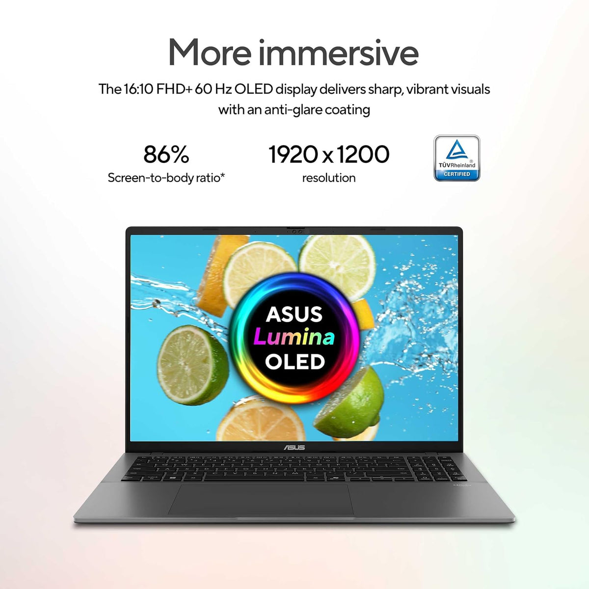 ASUS Lumina OLED laptop shown open on a clean light background with marketing text above, including 'More immersive', '86% Screen-to-body ratio*', and '1920 x 1200 resolution'.