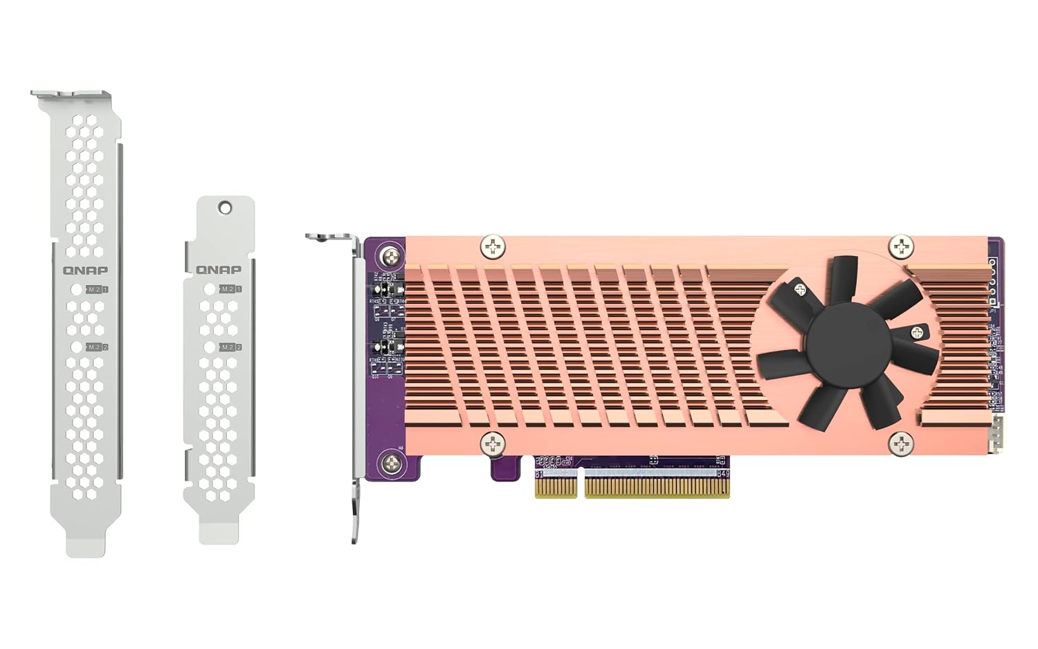A PCI-e graphics card with a copper-colored heatsink, black cooling fan, purple circuit board, and gold PCIe connector, shown alongside two silver metal bracket adapters on a plain white background.