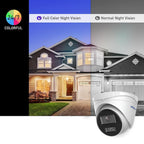 A dome security camera shown in the foreground with a split comparison of its night vision capabilities: a colorful 'Full Color Night Vision' section on the left and a grayscale 'Normal Night Vision' section on the right, above a house photo. The brand 'PRAIRIE' is visible on the camera.
