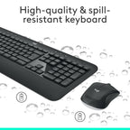 Black keyboard and mouse set with water droplets on a white background, featuring Logitech branding.