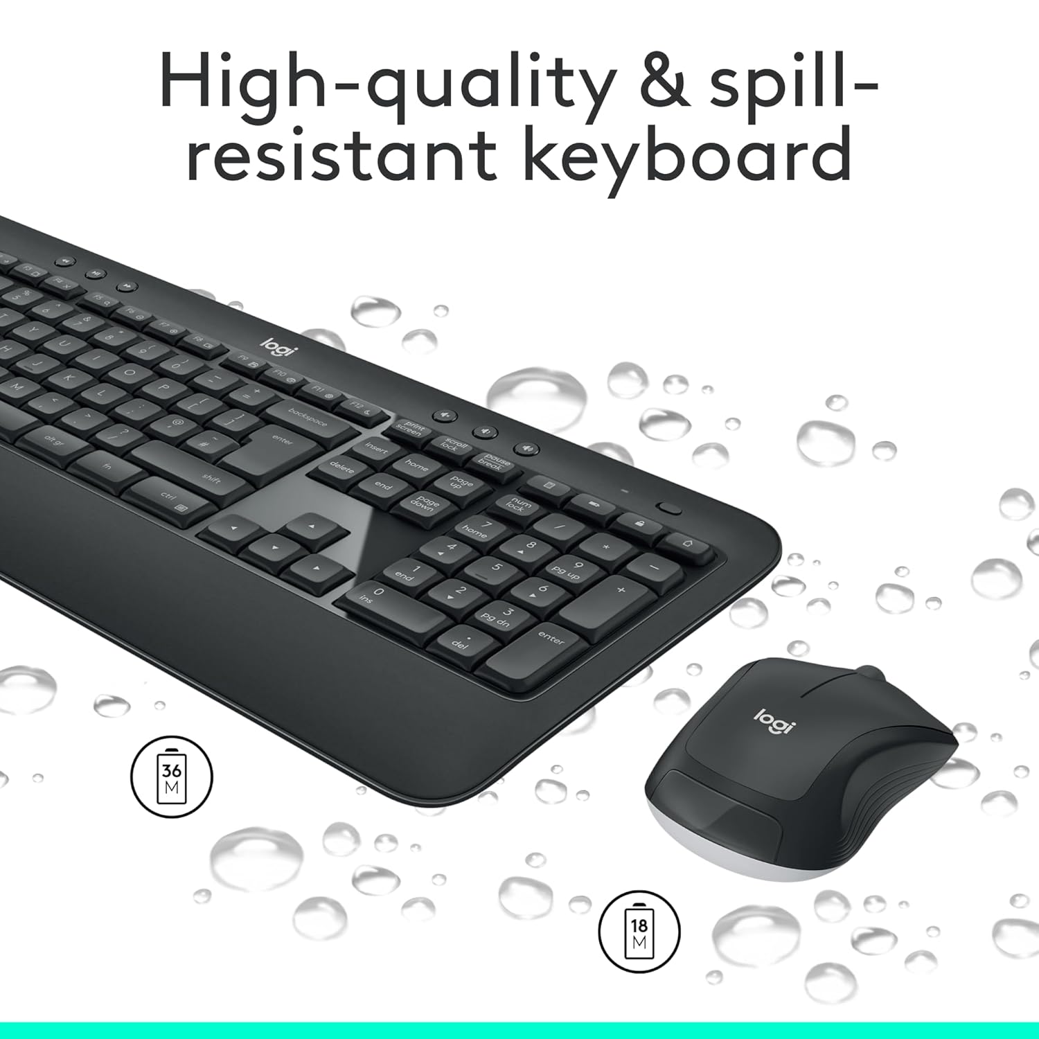Black keyboard and mouse set with water droplets on a white background, featuring Logitech branding.