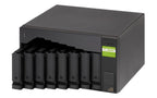 A black UniFi network storage server, model TL-D8000C, shown with four front-facing drive bays open, revealing black drive modules. The product is photographed on a clean white background.