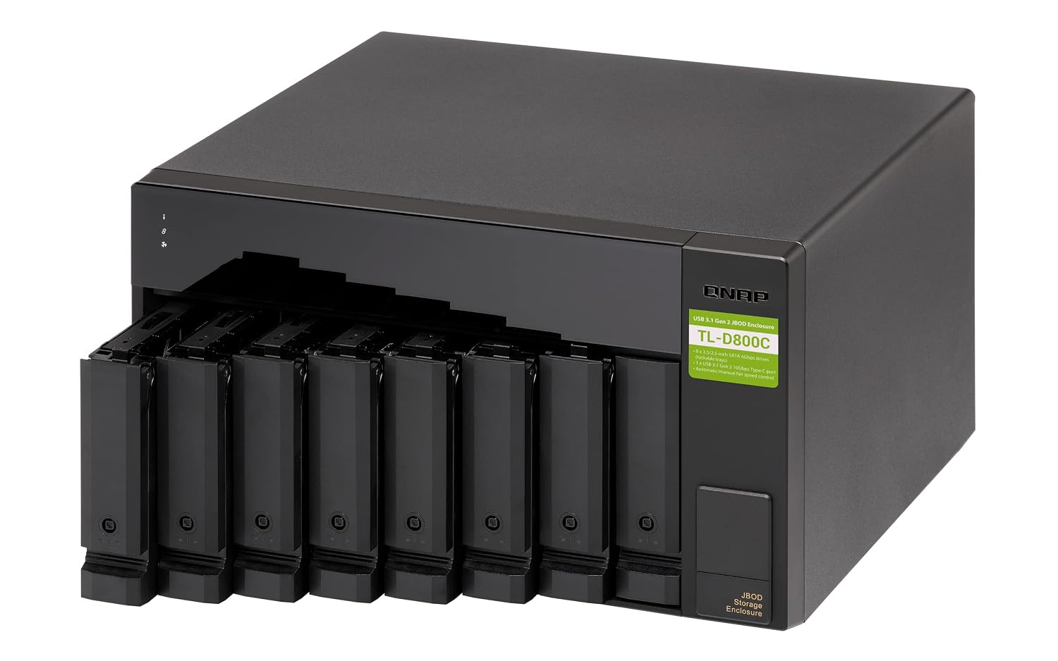 A black UniFi network storage server, model TL-D8000C, shown with four front-facing drive bays open, revealing black drive modules. The product is photographed on a clean white background.