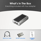 Adapter with included items listed below on a gray background