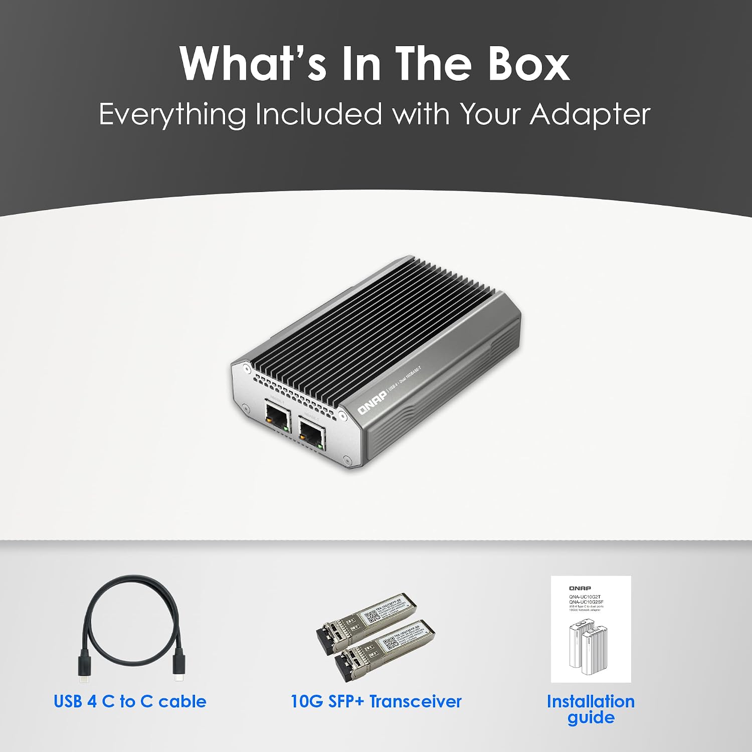 Adapter with included items listed below on a gray background