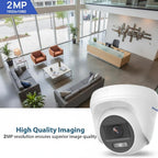 A white dome security camera shown in the foreground with promotional text reading '2MP 1920x1080' and 'High Quality Imaging.' The background is a modern office lobby interior with sofas, chairs, a desk, and large windows.