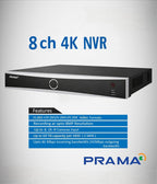 PRAMA 8-channel 4K NVR security recorder shown on a light gray textured background with blue text and a features box below.