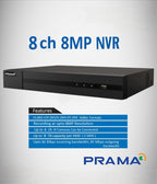 PRAMA 8-channel 8MP NVR security recorder shown on a light gray textured background with blue text and a features box below.