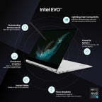 Laptop with Intel EVO features highlighted on a dark background