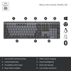 Keyboard with labeled features and compatibility icons on a white background