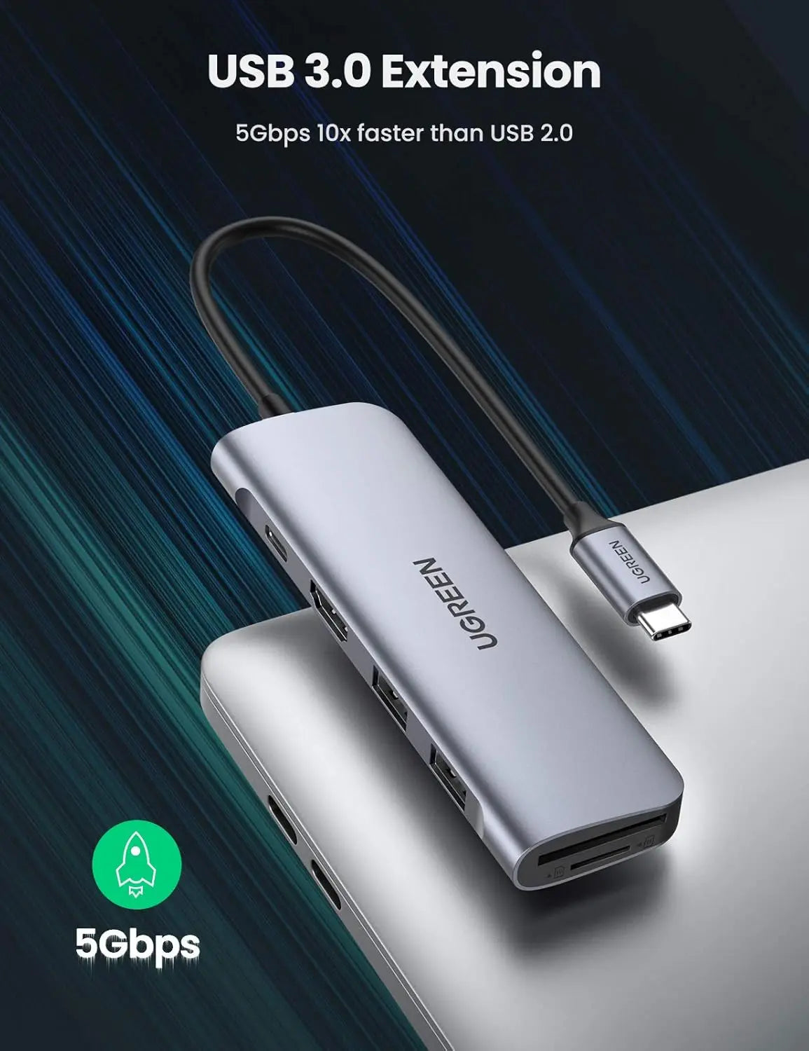 UGREEN 6-in-1 Type C Docking Station HDMI 4K 2 USB 3.0 SD TF Card Reader 100W PD MacBook Pro Air Galaxy Note S10 (70411)