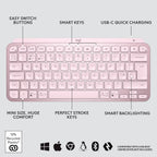 A light pink Logitech wireless keyboard shown on a light gray background with callout labels pointing to easy switch buttons, smart keys, USB-C quick charging, mini size, perfect stroke keys, and smart backlighting. Small compatibility icons and recycled plastic text appear at the bottom.