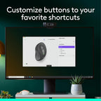 Computer monitor displaying a mouse customization interface with text 'Customize buttons to your favorite shortcuts' on a teal background.