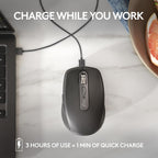 Black computer mouse charging with a laptop on a marble surface, with text 'Charge While You Work' and '3 Hours of Use = 1 Min of Quick Charge'.