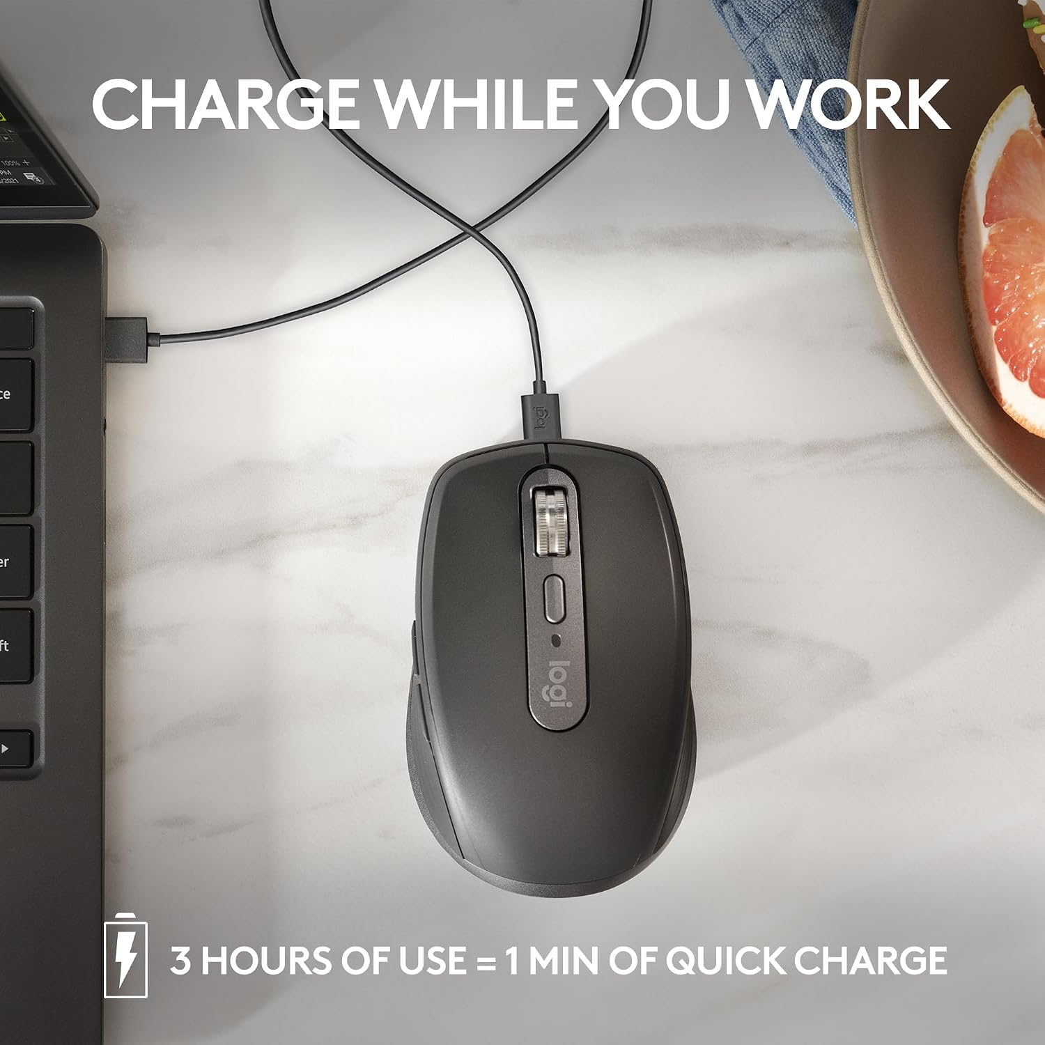Black computer mouse charging with a laptop on a marble surface, with text 'Charge While You Work' and '3 Hours of Use = 1 Min of Quick Charge'.