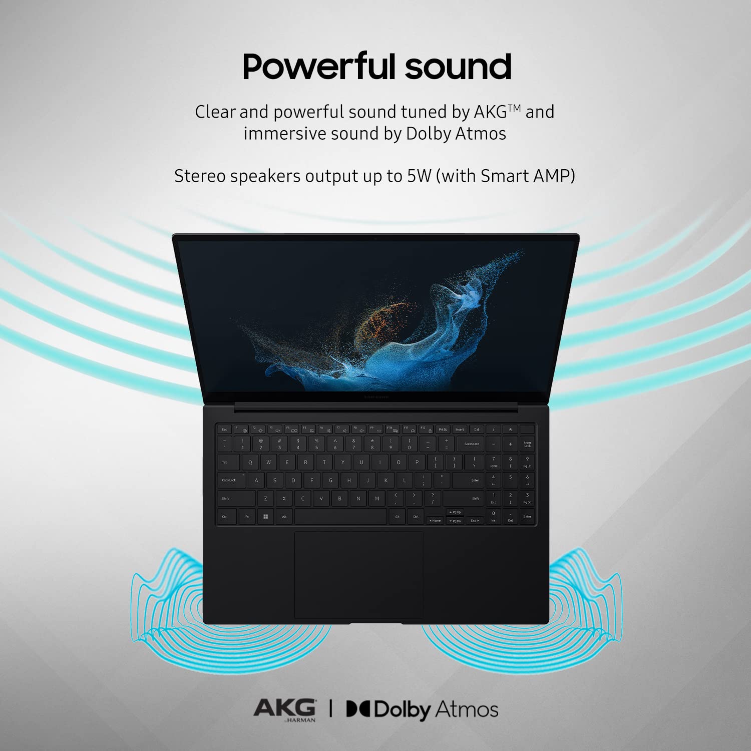 A black convertible laptop shown open on a light gray background with promotional text about powerful sound, AKG tuning, and Dolby Atmos, plus blue wave graphics and AKG | Dolby Atmos branding.