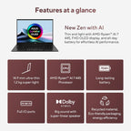Promotional graphic for an ASUS Lumina OLED laptop featuring a black chassis and a colorful screen, with text and six dark red feature tiles highlighting specs like AMD Ryzen AI 7 445, 14.9 mm thickness, 75Wh battery, Dolby Atmos, and recycled materials.