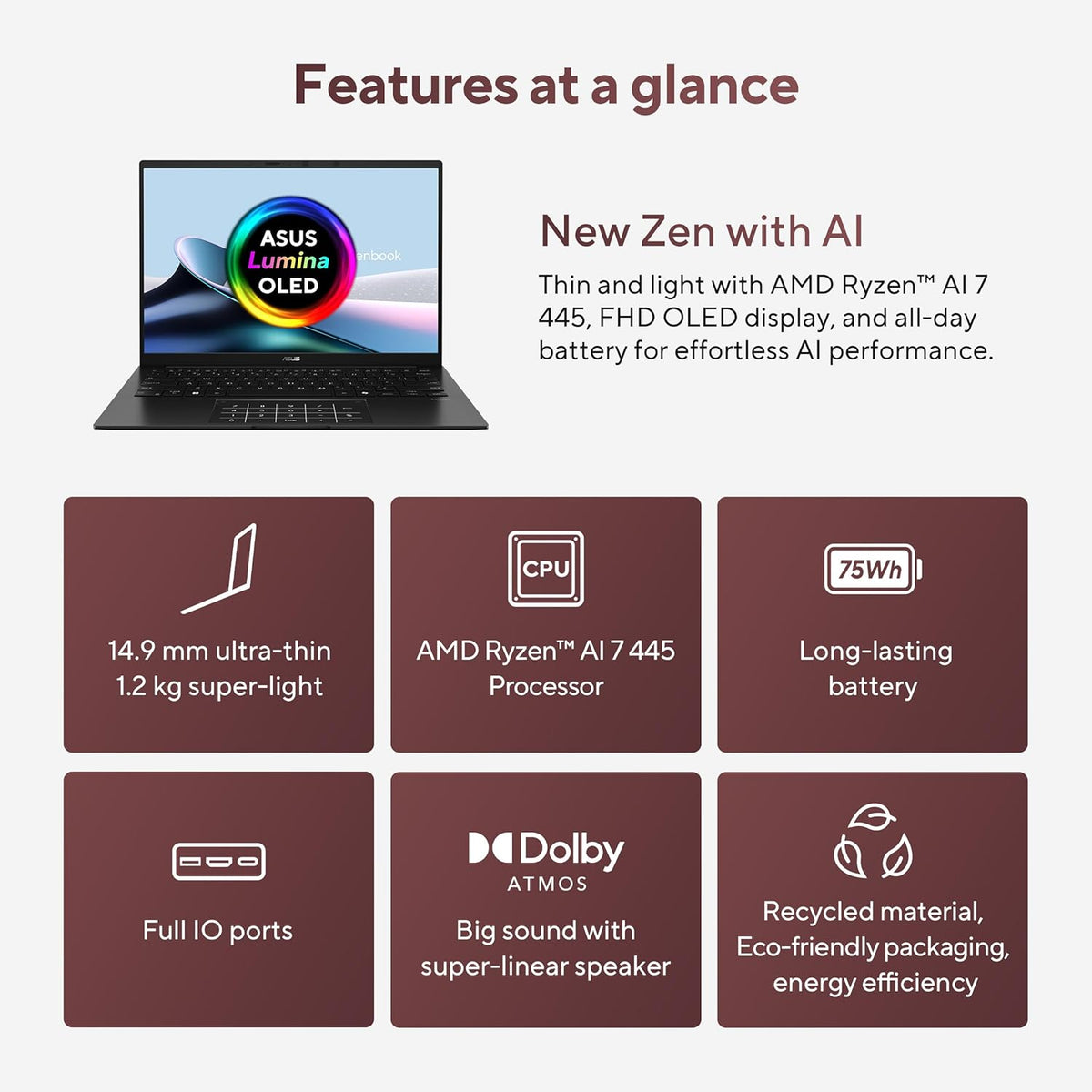 Promotional graphic for an ASUS Lumina OLED laptop featuring a black chassis and a colorful screen, with text and six dark red feature tiles highlighting specs like AMD Ryzen AI 7 445, 14.9 mm thickness, 75Wh battery, Dolby Atmos, and recycled materials.