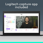 A laptop displaying the Logitech capture app interface with a streamer visible in the video feed, under the text 'Logitech capture app included' on a dark blue-gray background.