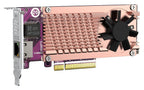 A PCI Express graphics card featuring a copper-colored heat sink, a black cooling fan, a purple circuit board, and a silver metal bracket with an Ethernet port.