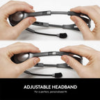 Adjustable headband being demonstrated with hands on a white background