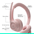 Pink Logitech wireless over-ear headphones with call and charging features labeled with callout lines and text on a white background.