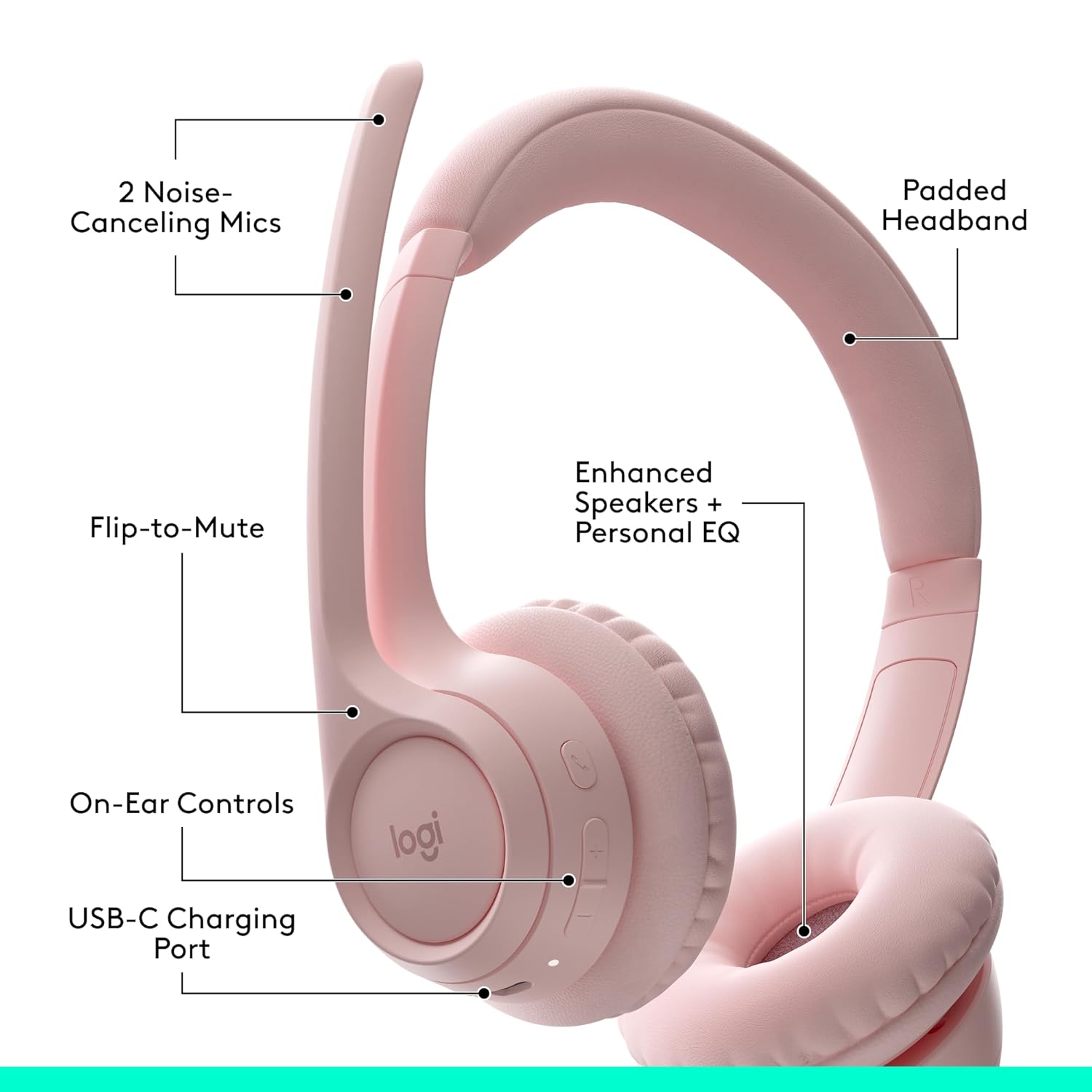 Pink Logitech wireless over-ear headphones with call and charging features labeled with callout lines and text on a white background.