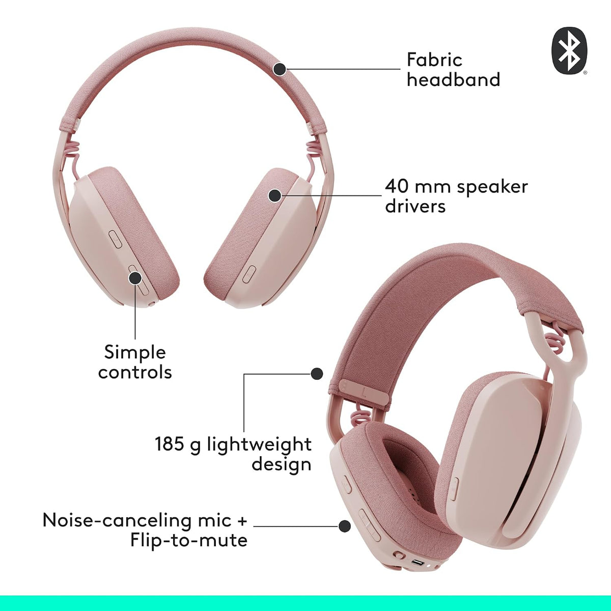 Pink headphones with features labeled on a white background