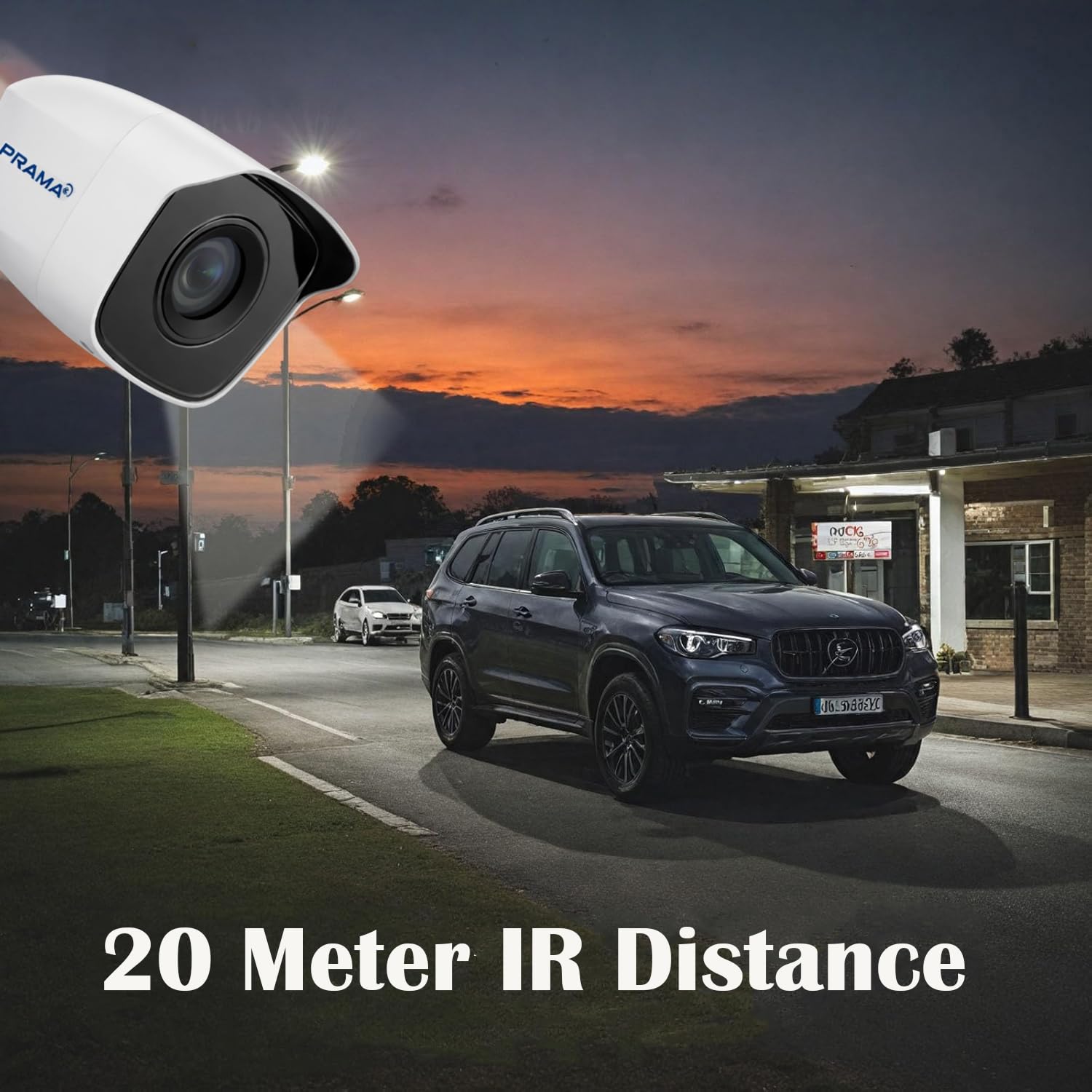 A white Dome-style security camera with a black lens housing is shown in the upper left, with a street scene at dusk and a dark SUV in the background. Text at the bottom reads '20 Meter IR Distance' and the camera has a visible 'Dome' brand mark.