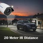 A white Dome-style security camera with a black lens housing is shown in the upper left, with a street scene at dusk and a dark SUV in the background. Text at the bottom reads '20 Meter IR Distance' and the camera has a visible 'Dome' brand mark.