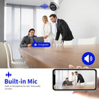 A conference room scene with three people around a wooden table, overlaid with a blue soundwave icon, a speaker icon, and text reading 'Built-in Mic' plus a phone screen preview showing audio from the meeting. The image is promotional for a built-in microphone security feature rather than a clean product shot.