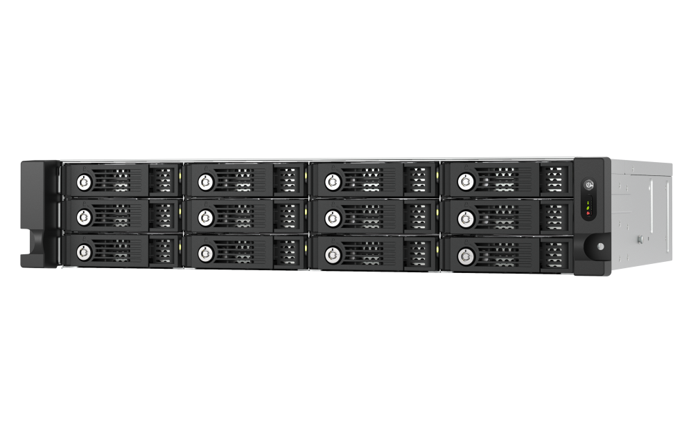 A 1U rack-mount server chassis with twelve black 3.5-inch drive bays arranged in a 3x4 grid, featuring a silver side panel and a black front bezel with circular drive icons.