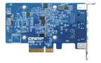 A blue QNAP QXG-10G2T 10Gb PCIe network card with gold PCI Express connectors and a silver metal bracket, shown on a plain white background.
