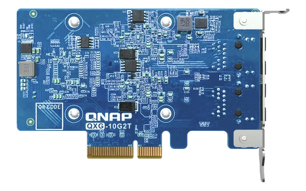 A blue QNAP QXG-10G2T 10Gb PCIe network card with gold PCI Express connectors and a silver metal bracket, shown on a plain white background.