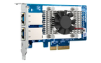 A blue and silver PCI Express network card with a black cooling fan, white heatsinks, and gold PCIe connectors, shown on a plain white background.