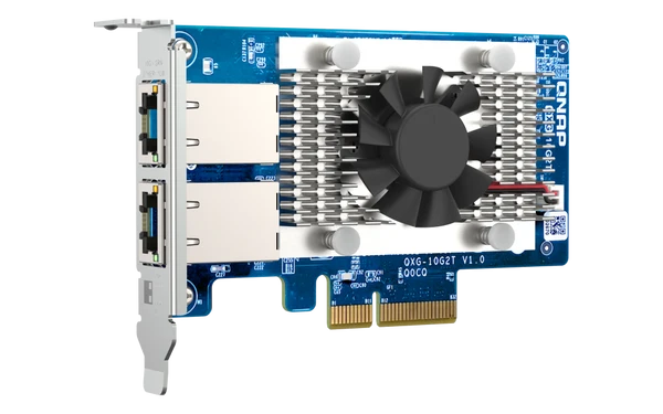 A blue and silver PCI Express network card with a black cooling fan, white heatsinks, and gold PCIe connectors, shown on a plain white background.