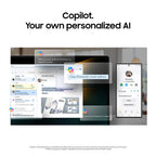 Promotional graphic for Copilot personalized AI integration with Printworks, showing a desktop monitor, smartphone, and laptop mockup with email and contact interaction overlays on a white background.