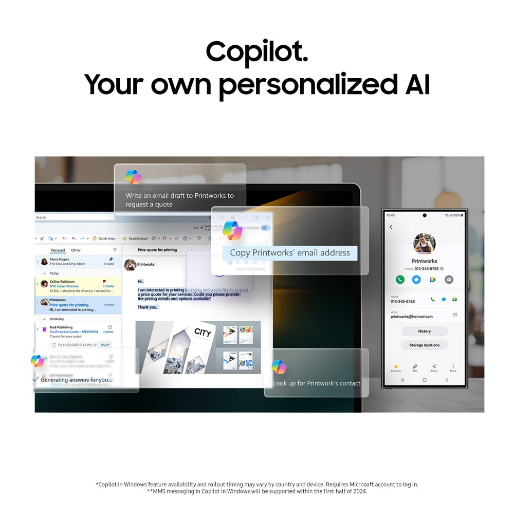 Promotional graphic for Copilot personalized AI integration with Printworks, showing a desktop monitor, smartphone, and laptop mockup with email and contact interaction overlays on a white background.