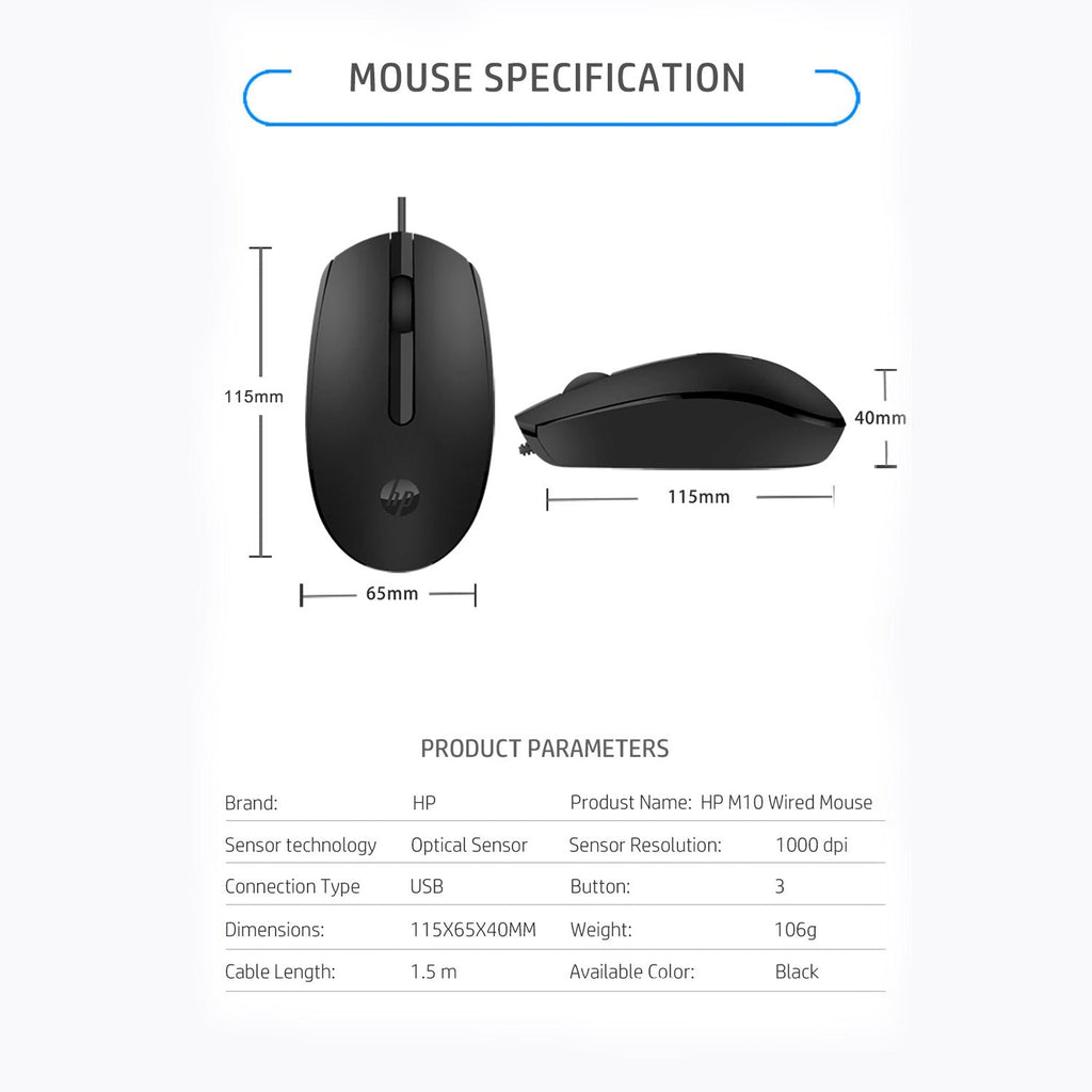 [RePacked] HP M10 Wired USB Optical Ergonomic Mouse with 3 Buttons and 1000DPI