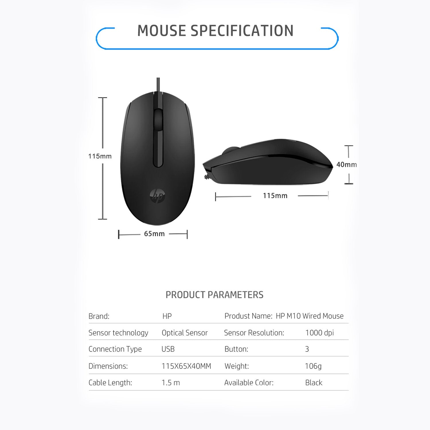 [RePacked] HP M10 Wired USB Optical Ergonomic Mouse with 3 Buttons and 1000DPI