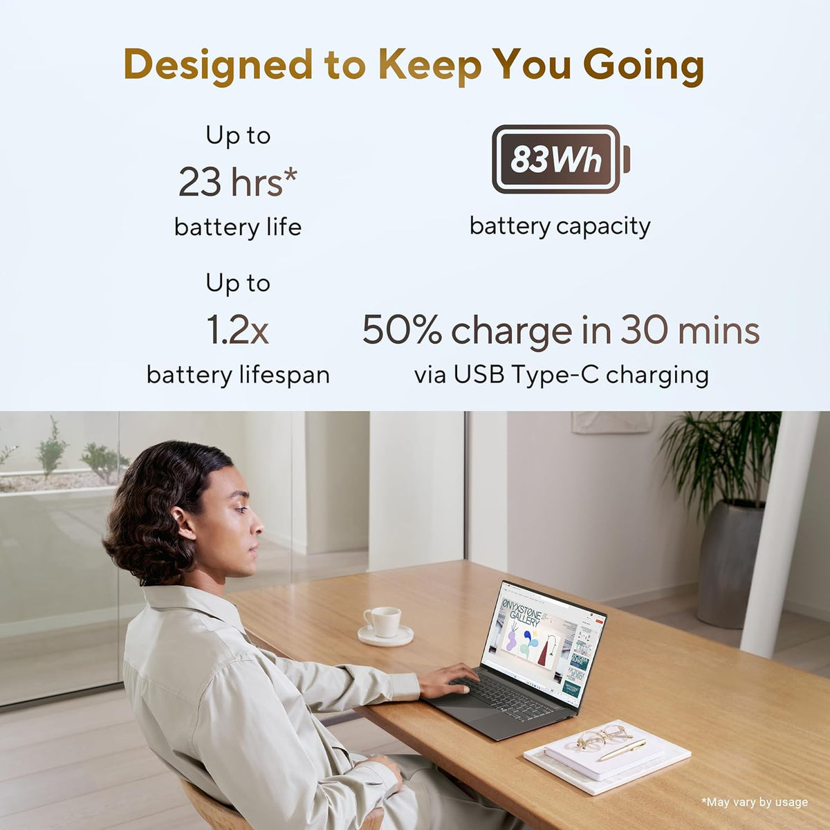 Promotional graphic for a laptop battery with text highlighting 23 hours battery life, 83Wh battery capacity, and 50% charge in 30 mins via USB Type-C. The lower half shows a woman sitting at a wooden desk using a laptop in a bright indoor setting.