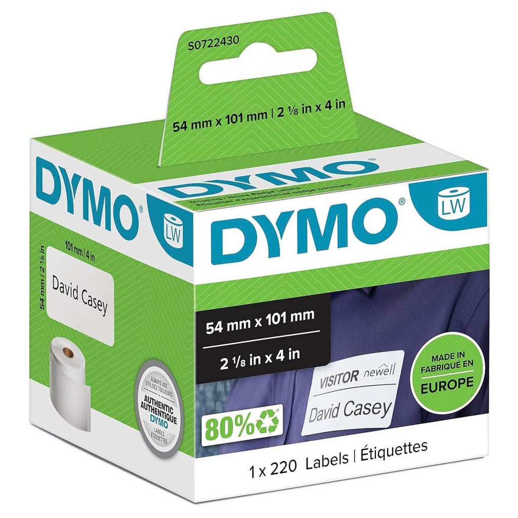 DYMO AUTHENTIC LW LARGE SHIPPING LABELS/NAME BADGES, 101MM X 54MM, SELF-ADHESIVE, ROLL OF 220 EASY-PEEL LABELS, FOR LABELWRITER LABEL MAKERS