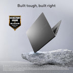 A dark gray ASUS laptop floating above a rock, with the headline 'Built tough, built right' and a 'US Military Grade MIL-STD 810H Passed' badge on a light gray background.