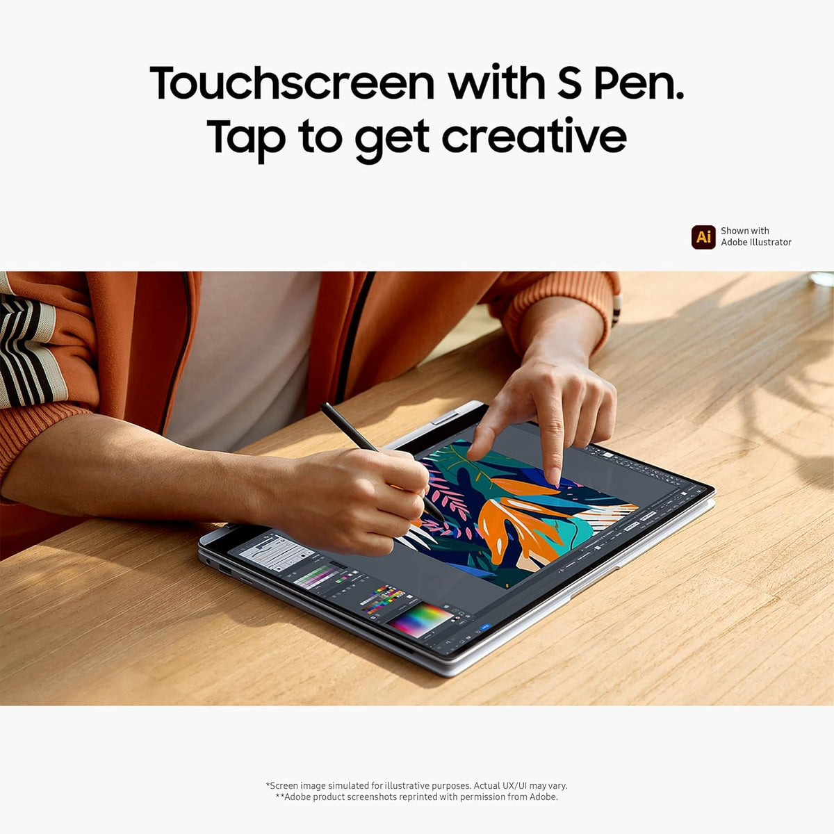 A person seated at a wooden desk using a tablet with an attached stylus pen, with large marketing text at the top reading 'Touchscreen with S Pen. Tap to get creative.