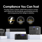 QNAP NAS products with compliance logos and text on a black background