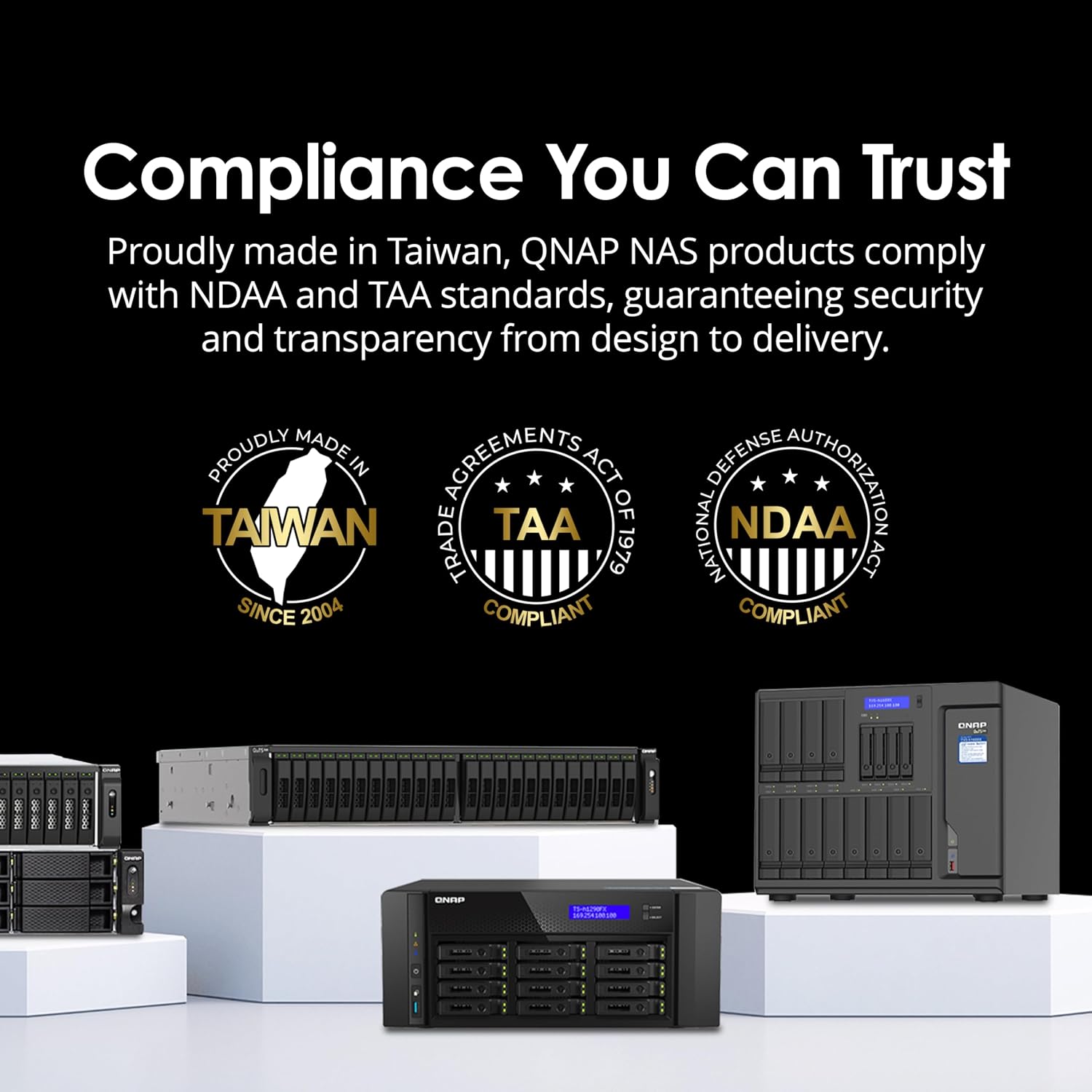 QNAP NAS products with compliance logos and text on a black background